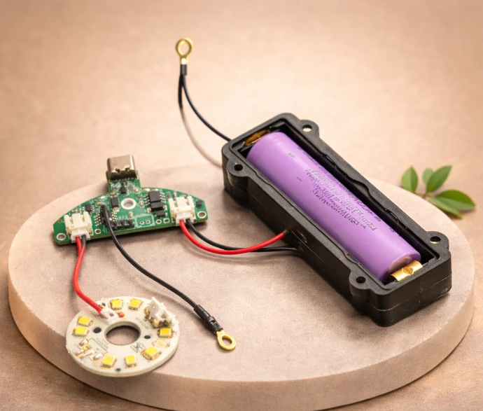 Rechargeable lamp development kits with drivers, LEDs, batteries and wiring